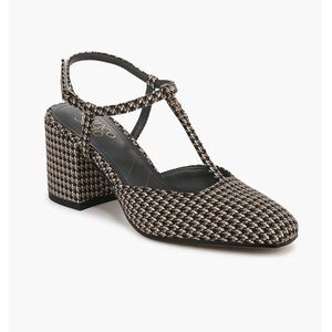 Franco Sarto Tasha T-Strap Block Heel Pumps Black Taupe Houndstooth Preppy Sz 9